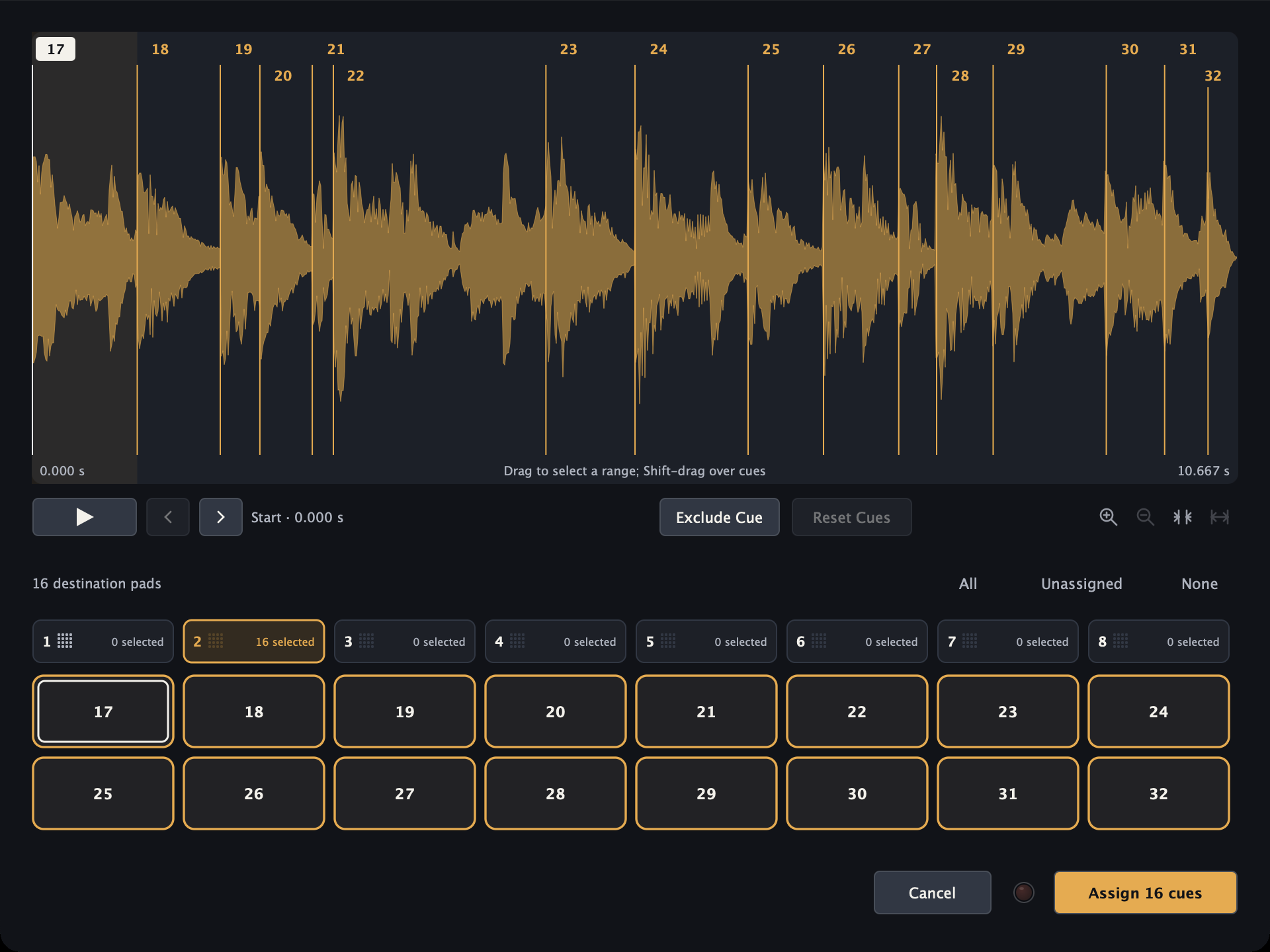 Hitloom Detect Cues with an editable cue preview and destination pad selection.
