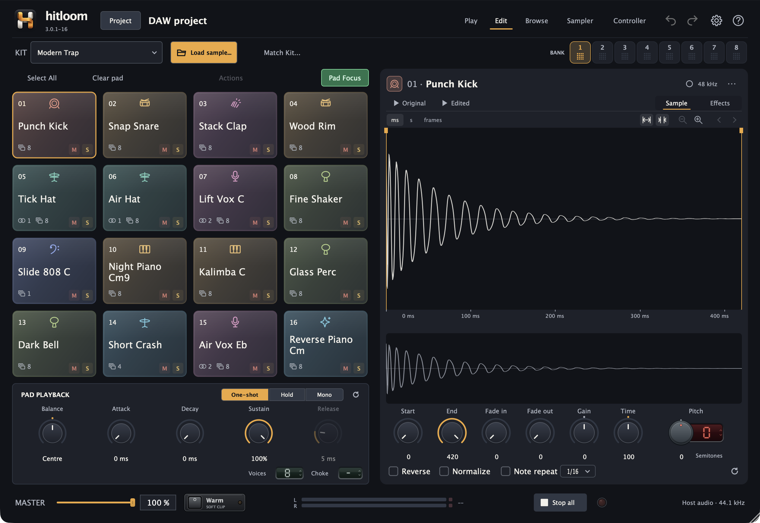 Hitloom sample editor with sixteen pads and waveform controls. Play the After Hours browser kit over this real app capture.