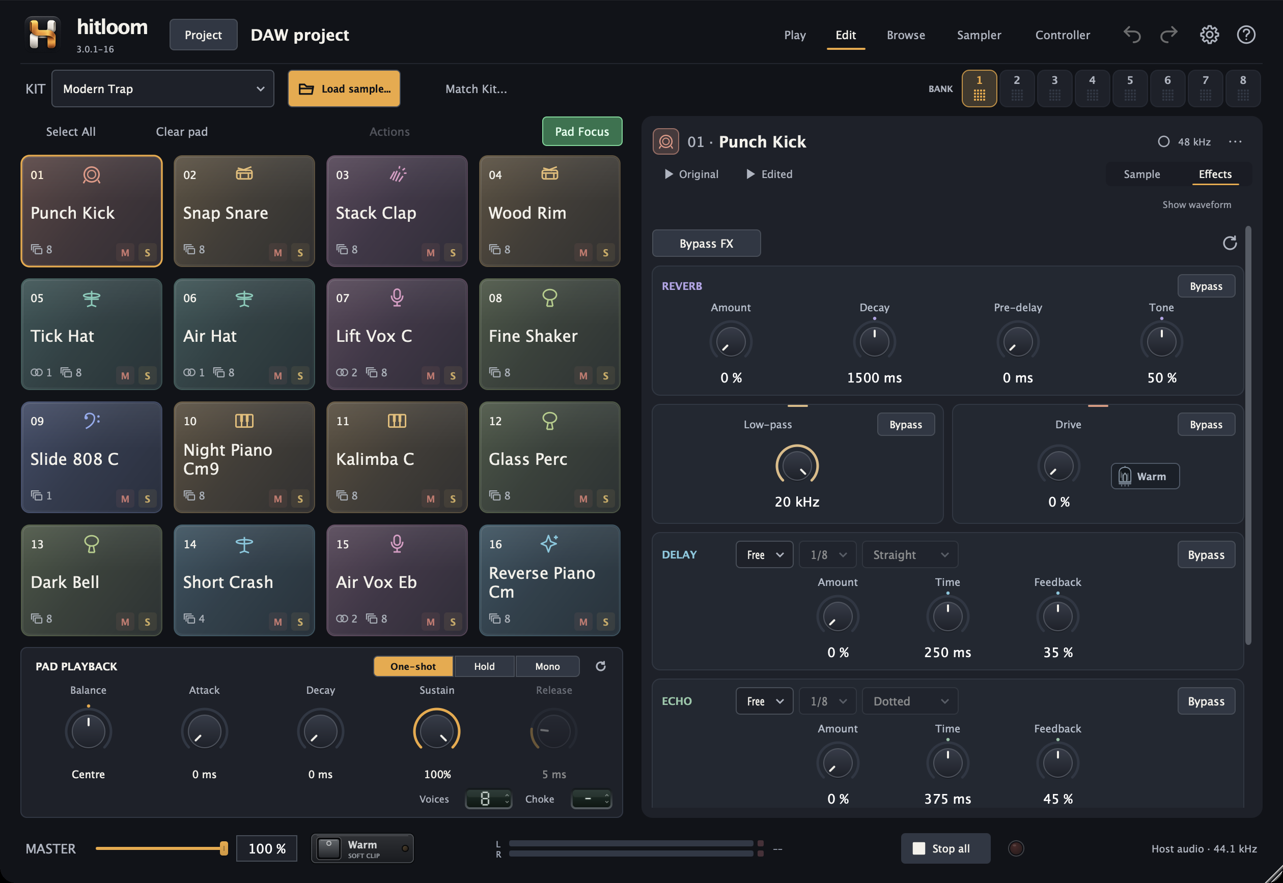Hitloom Effects panel with reverb, low-pass, drive, delay, echo and project timing controls.