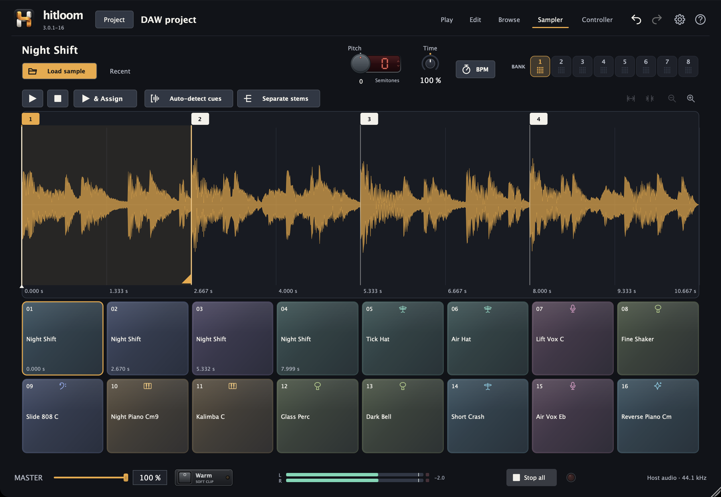 Hitloom Sampler with a full recording and four cue points ready to play.